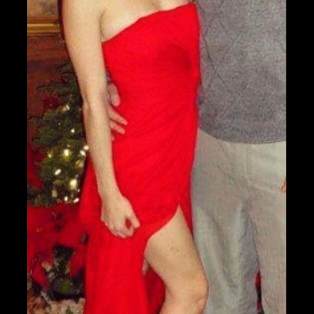 Strapless Red Formal Maxi Dress With Leg Slit